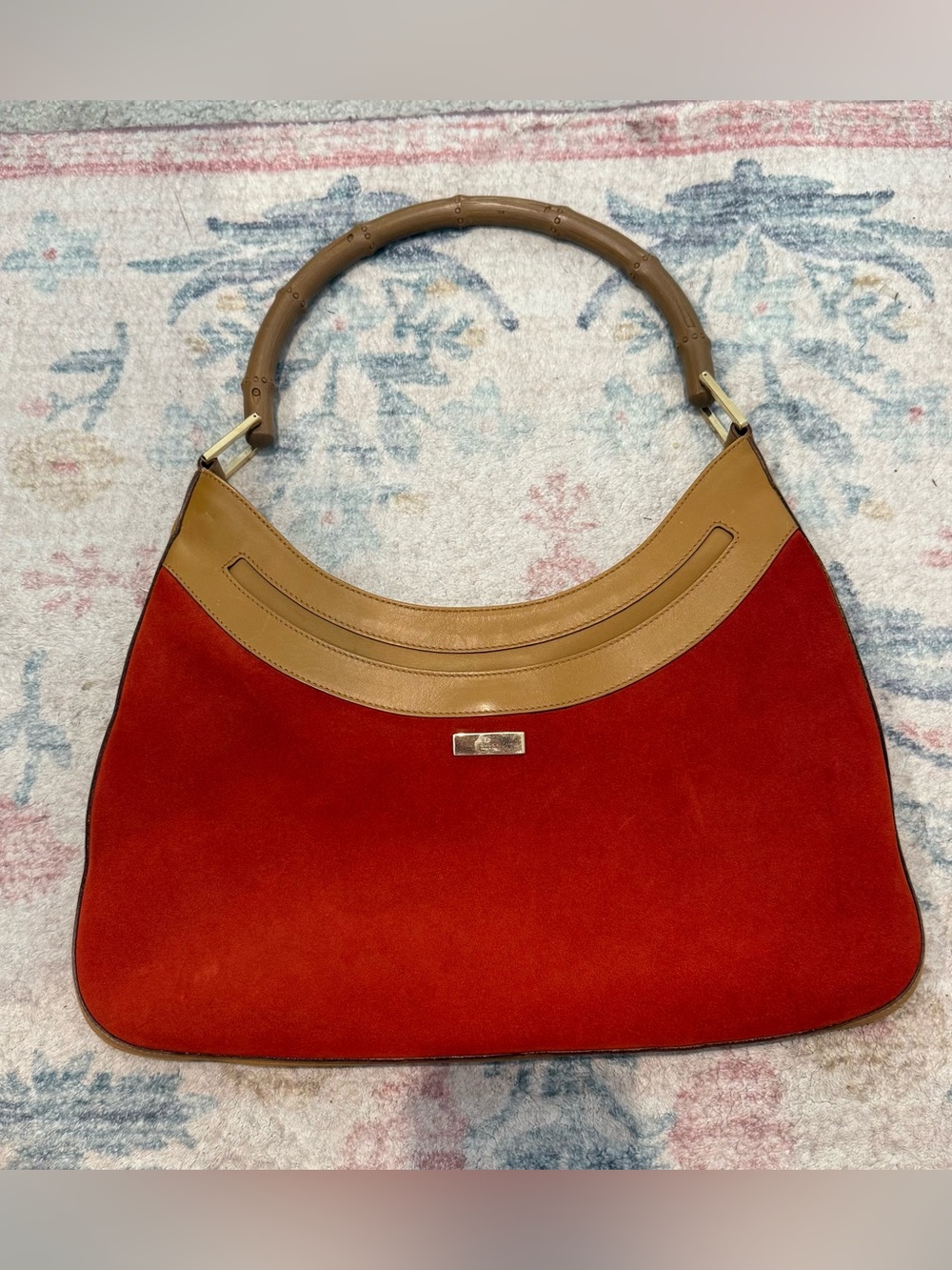 Gucci bamboo handle burnt orange suede shoulder bag